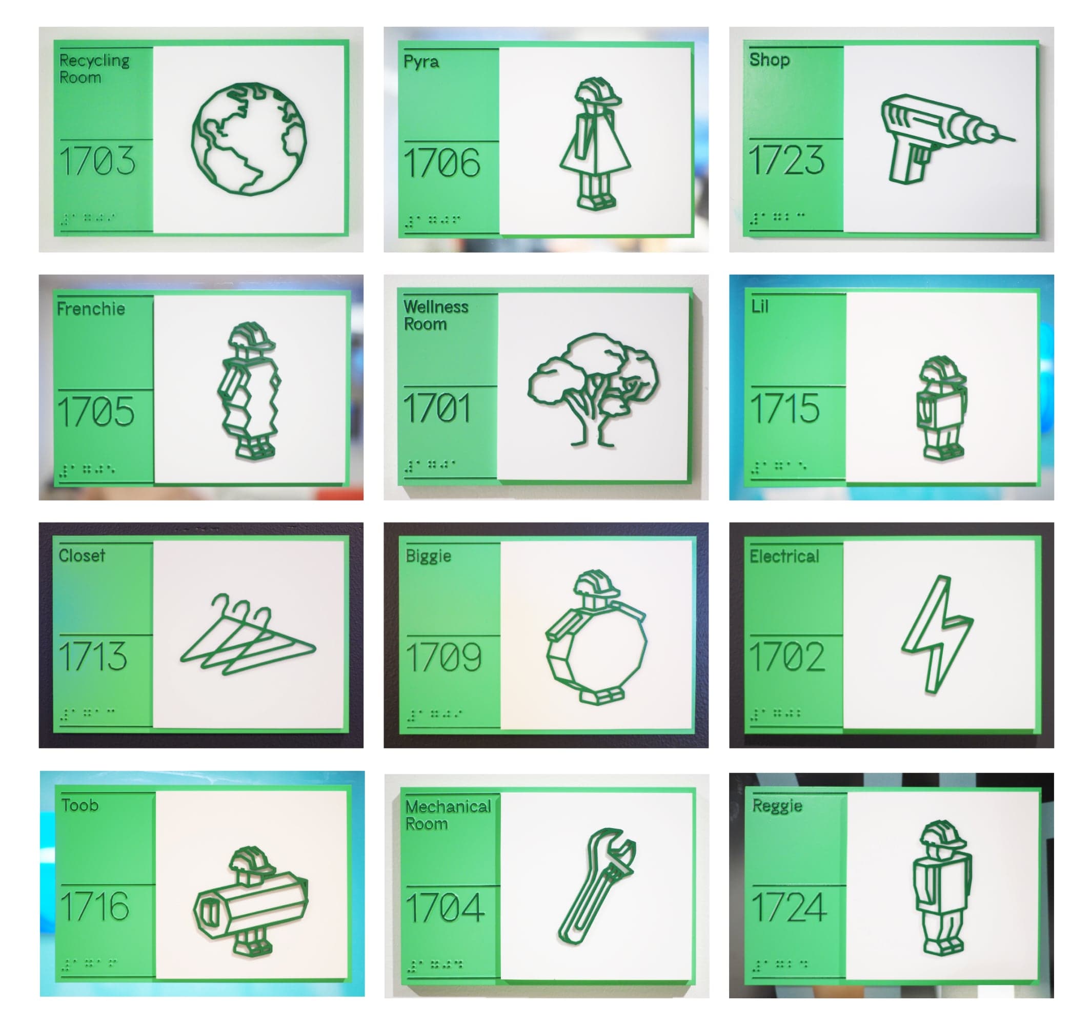 Custom room signs at the CBRE Build office