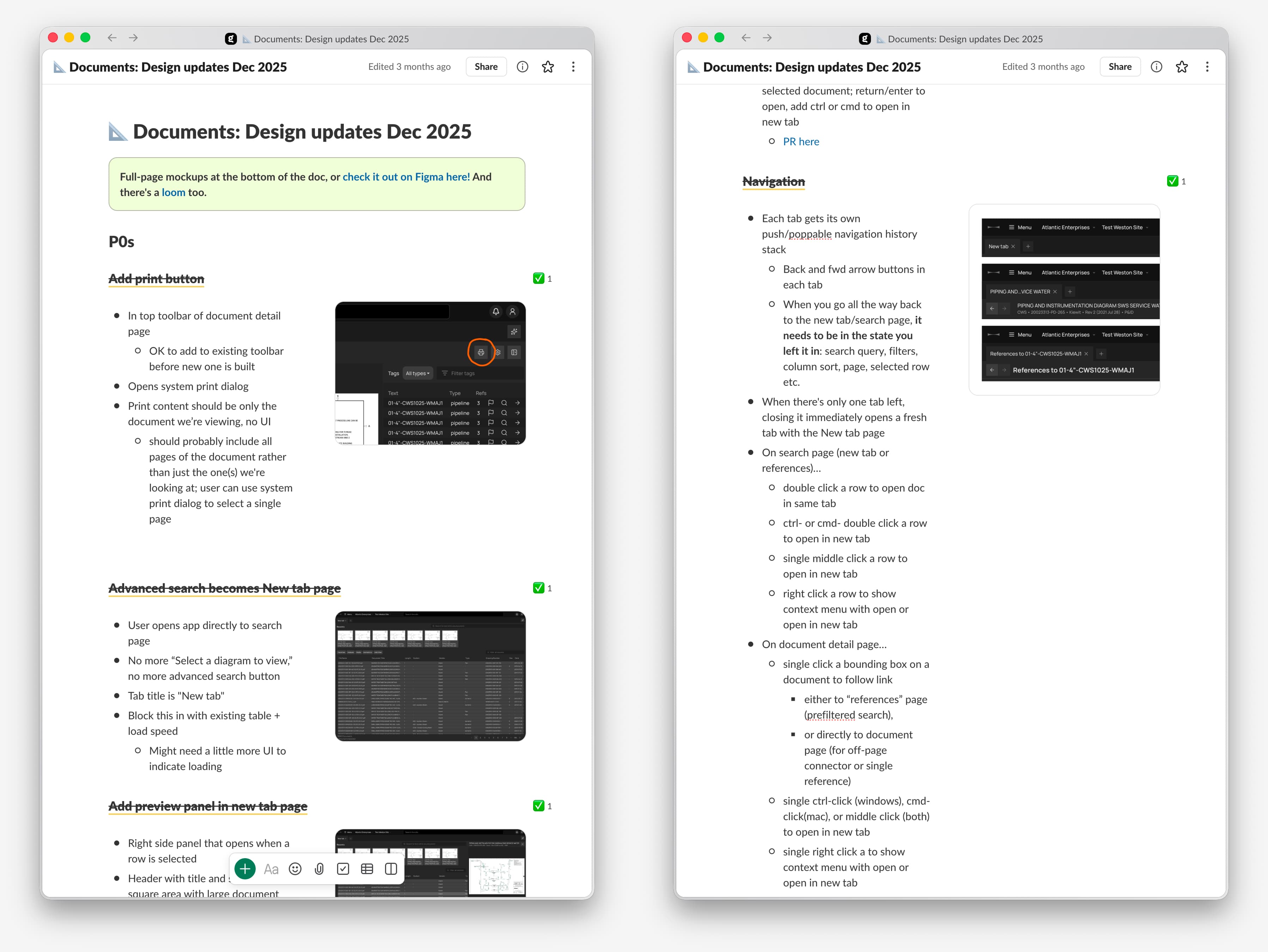 Screenshots of the document I made to detail and break down the design changes for the engineers.