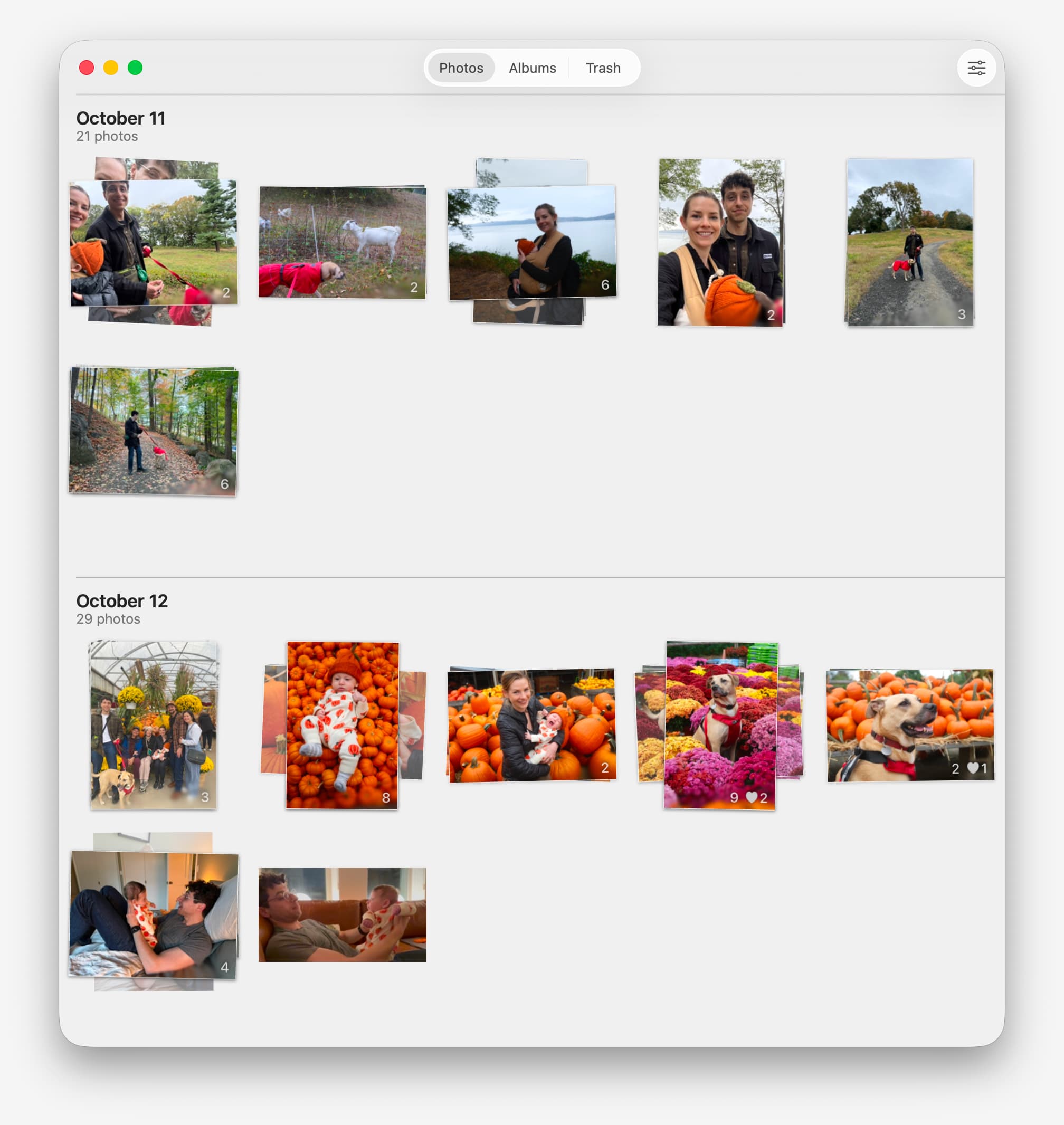 Stacks of photos across a few days. Shutterbug did a great job forming natural groups from similar shots, cutting an imposing day of photos into manageable chunks.